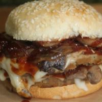 Shroom Steakhouse Burger (can be GF) · Our original burger patty with melted vegan mozzarella cheese, our own steak house sauce and...
