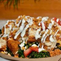 Chik'n Kale Salad (GF) · GF Chopped Chicken, Ranch, Pickles, Tomato Pumpkin Seeds and Fried Onions over Massaged Kale...