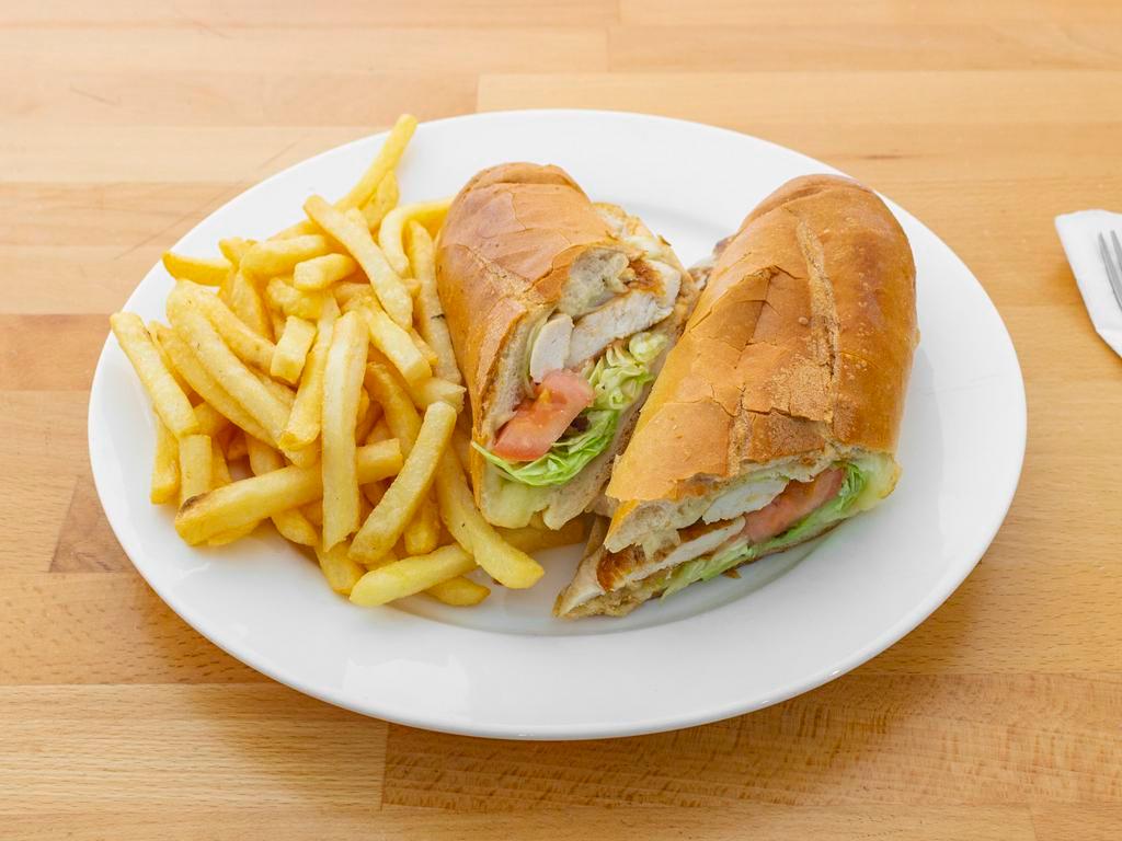 Sandwich De Pollo · Chicken sandwich with french fries, lettuce, tomatoes, onions and mayo. Add cheese for an additional charge. 