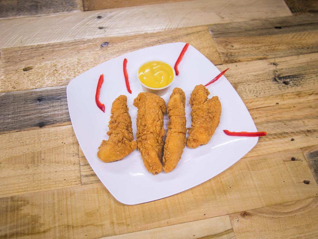 Chicken Tenders · 4 pieces of golden fried chicken tenders served with french fries and honey mustard. sauce.