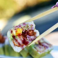 Coconut Shrimp Roll · Coconut shrimp, mango, avocado and cucumber inside, soybean nori outside, with raspberry pur...