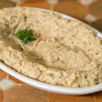 6. Babaghanoush · Smoked eggplant flavored with tahini, garlic, black pepper, lemon juice and olive oil.