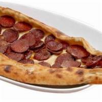 43. Cheese and Sausage Pide · A flat bread topped with spicy lamb sausage and mozzarella or kashar cheese.