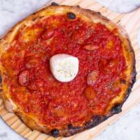 Burrata Pizza · Tomato sauce and whole burrata, grape tomatoes and Pesto