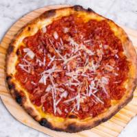 Amatriciana Pizza · Chunky tomato sauce, onions, guanciale, pecorino Romano cheese and spicy extra-virgin olive ...