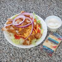 Large Chicken Salad · Fresh lettice, diced tomatoes, shredded cheddar cheese, purple onions and chopped crunchy ch...