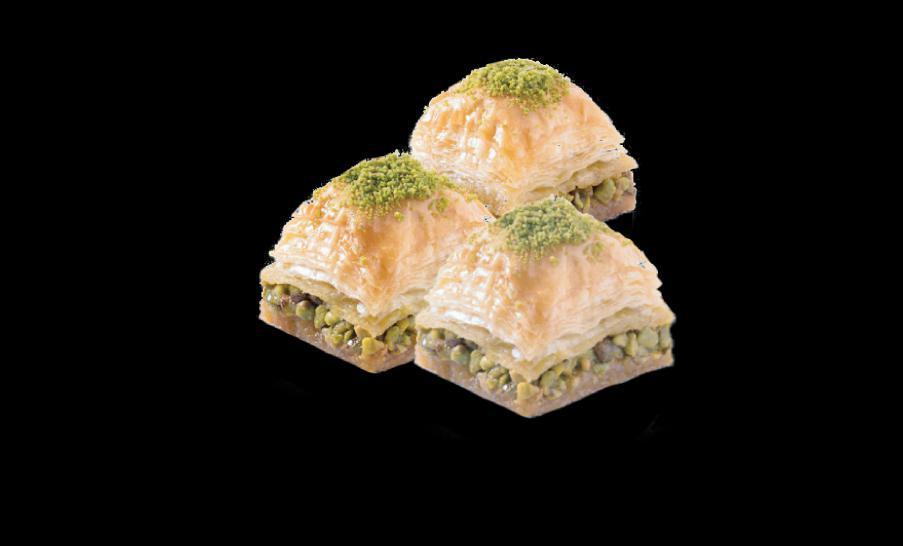 Pistachio Baklava · Layered pastry dessert made of filo pastry, filled with chopped pistachios, and sweetened with syrup. One portion comes with 3 pieces.