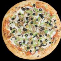 Mixed Veggie Pizza · Artichokes, mushrooms, olives, peppers and shredded mozzarella cheese on delicious Italian p...
