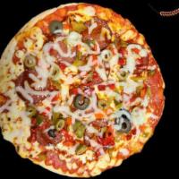 Spicy Beef Sucuk Pizza · Spicy beef sucuk (halal beef pepperoni) black and green olives, and pepper on delicious Ital...