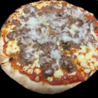Roasted-Pulled Lamb Meat Pizza · Roasted-Pulled Lamb meat, pizza sauce and shredded mozzarella cheese on a delicious Italian ...