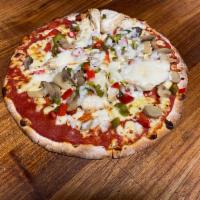 Chicken Pesto Pizza · Oven roasted chicken breast, pesto and special pizza sauce with artichokes