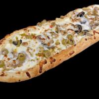Meat Veggie Mix Pide (Karisik Pide) · Roasted-pulled lamb meat, sucuk (halal beef pepperoni) , shredded mozzarella cheese, articho...