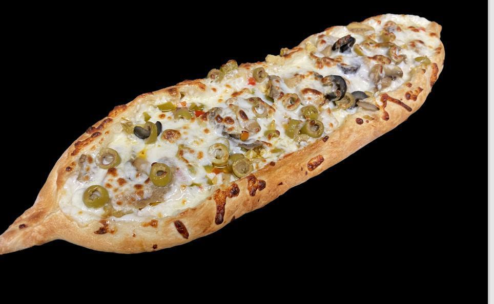 Meat Veggie Mix Pide (Karisik Pide) · Roasted-pulled lamb meat, sucuk (halal beef pepperoni) , shredded mozzarella cheese, artichokes, mushroom, olives, red and green peppers.