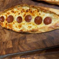 Sucuk-Cheese Pide · Sucuk(halal beef pepperoni) and shredded mozzarella cheese pide