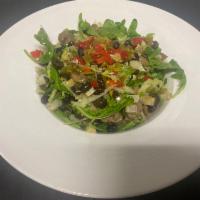 Chicken Fest Salad (32 oz) · oven roasted chicken breast, arugula, lettuce, mushroom, olives, artichoke, black beans, gre...