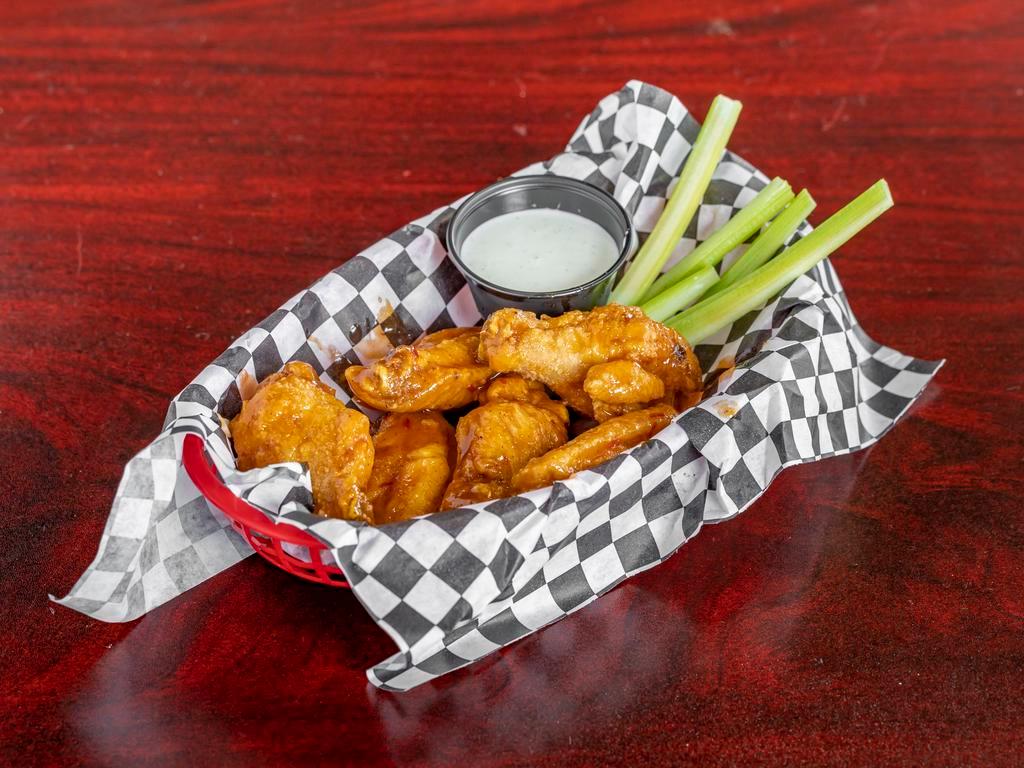 Jumbo Buffalo Wings 6 wings · Crispy bone in wings, tossed in your choice of our signature sauces or dry rubs, served with celery sticks and ranch for dipping.