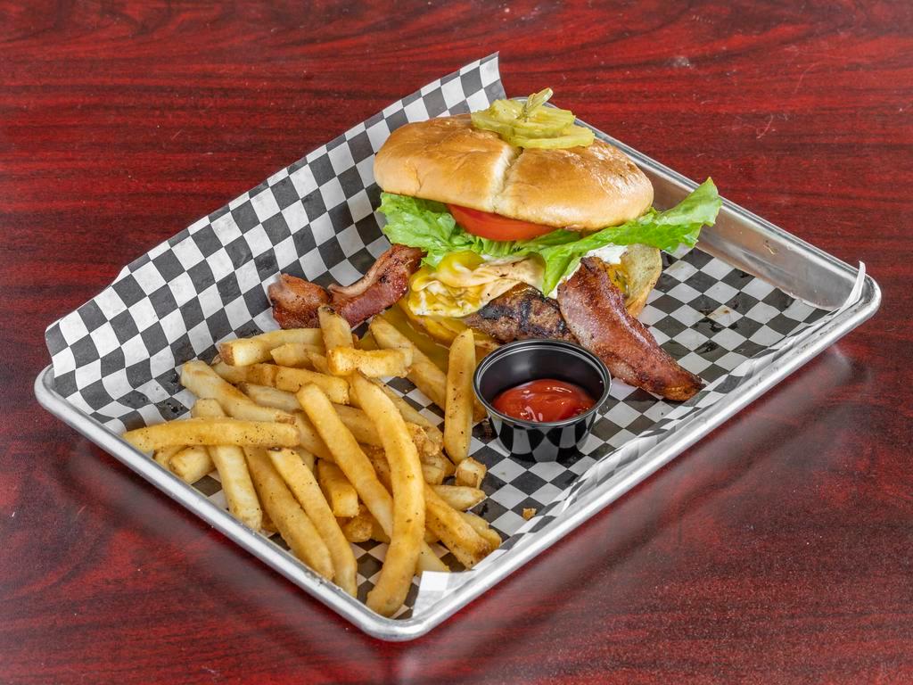 Morning Sunshine Burger · WAGYU Burger with a fresh egg,   bacon lettuce, tomato, onion, and pickle served with our signature sauce