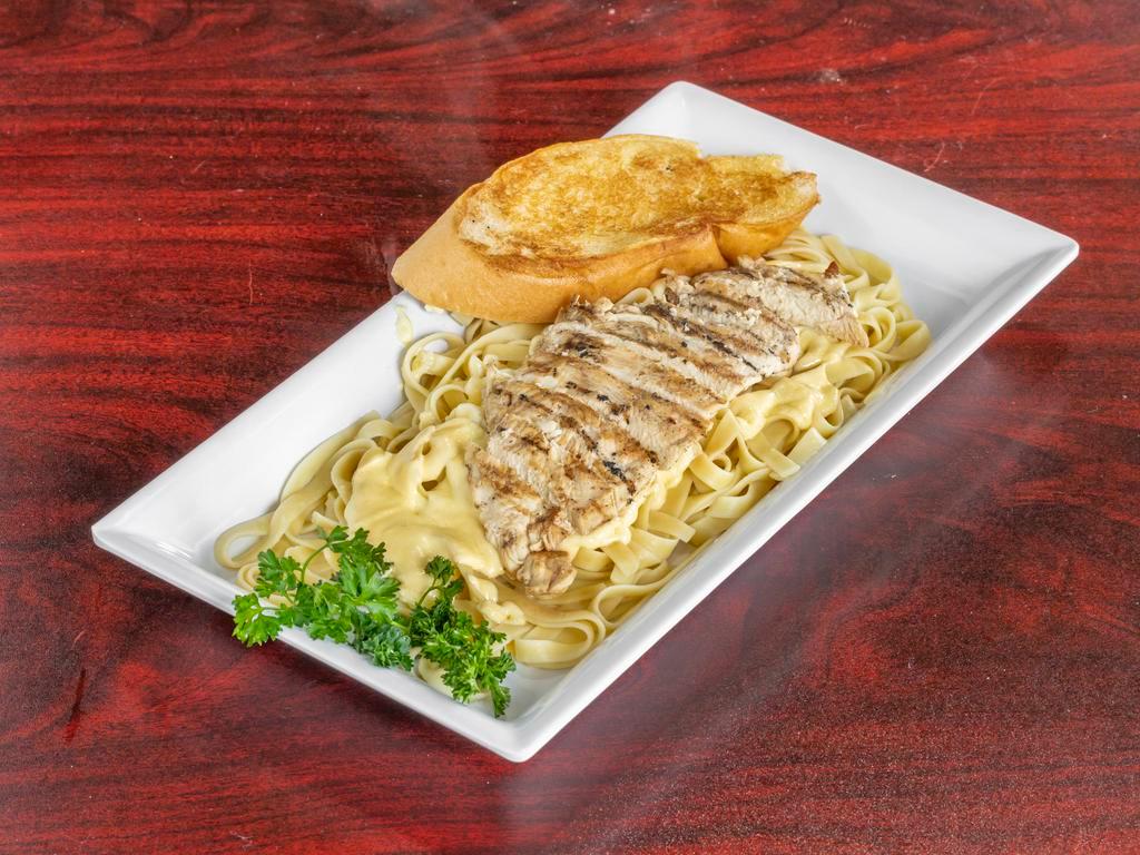 Chicken Mustard W Garlic Bread  · Another homemade sauce combines simple, fresh ingredients like butter, cream, chicken, mushrooms and ground mustard to make a rich topping to our fettuccine pasta. Served with garlic bread.