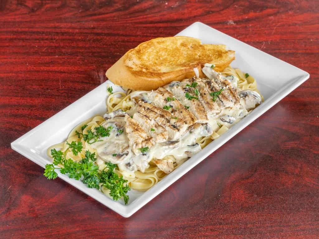  Fettuccine Alfredo with garlic bread · Another homemade sauce combines simple, fresh ingredients like butter, cream and Parmesan cheese to make a rich topping to our fettuccine pasta. Served with garlic bread.