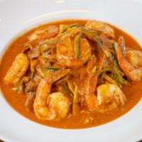 Shrimp · Zucchini-squash, noodles, onions, mushrooms, white sauce, basil pesto, and tomato sauce.
