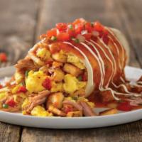 Smothered Breakfast Burrito  · Choice of roasted chicken breast or smoked pork carnitas with country potatoes, scrambled eg...