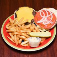 Cheeseburger Deluxe · Served with lettuce, tomatoes, onions, coleslaw, pickle and regular French fries.