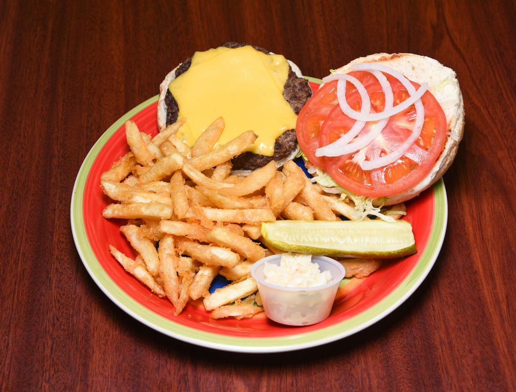 Cheeseburger Deluxe · Served with lettuce, tomatoes, onions, coleslaw, pickle and regular French fries.