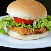 Fried Chicken Burger · Fried chicken patty, lettuce, tomato, American cheese, mayo and ketchup.