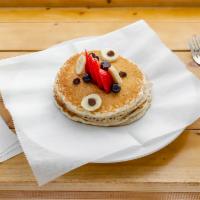 Yumzee Pancakes · 3 pancakes with bleu berry, strawberry, banana and chocolate chip.