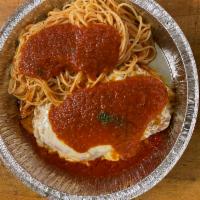 Chicken Parmigiana · Breaded chicken breast, baked with provolone cheese and Pomodoro sauce, served with a side o...