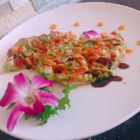 Toki Pizza · tuna salmon white fish avocado serve on top of crispy scallion pancake. with spicy mayo eel ...