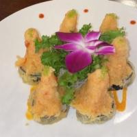 Crispy Spicy Lobster Roll · Lobster marinated with chef's special wasabi mayo sauce, served on the top of crispy rice ro...
