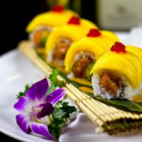 Amazing Roll · Spicy crunchy tuna and avocado inside, top with fresh mango and tobiko.