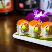 Pink Lady Roll · Spicy tuna and crunchy and avocado inside, top with fresh cut salmon.