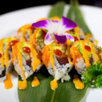 Volcano Roll · Yellow fin tuna, Alaska salmon, avocado and cucumber inside, caviar and two kinds of spicy s...