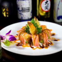 Osaka Roll · Shrimp tempura, spicy tuna and avocado inside, wrapped with soy bean.