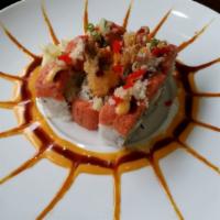 Crazy Roll · Batter fried sweet shrimp and cucumber inside, spicy tuna and crunch on top, served spicy ma...