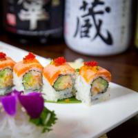 Torched King Salmon Roll · Spicy crab, cucumber and crunchy inside, topped with torched king salmon, drizzled with yuzu...