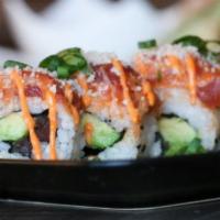 Crunch Spicy Tuna Volcano Roll · (Avocado, cucumber roll top with spicy tuna bowl crunch and eel and spicy mayo)