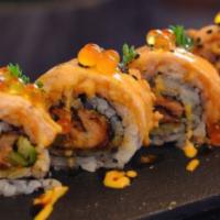Spicy Crab Volcano Roll · (Avocado, cucumber roll top with spicy crab bowl and spicy mayo)
