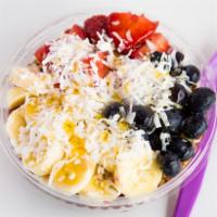 Acai Bowl · Acai berry sorbet blended with frozen strawberries, bananas, almond milk, topped with gluten...