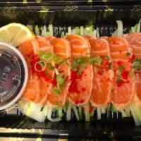 Salmon Tataki · Thin slice of seared salmon with scallion, tobiko and ponzu sauce.