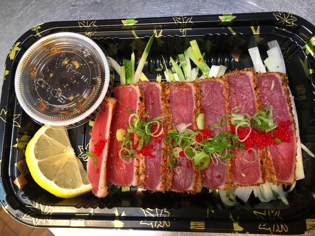 Pepper Tuna · Seared peppercorn crusted tuna with special yuzu sauce.