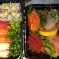 Sushi and Sashimi Combo · California roll, 5 pieces of sushi and 12 pieces of sashimi.
