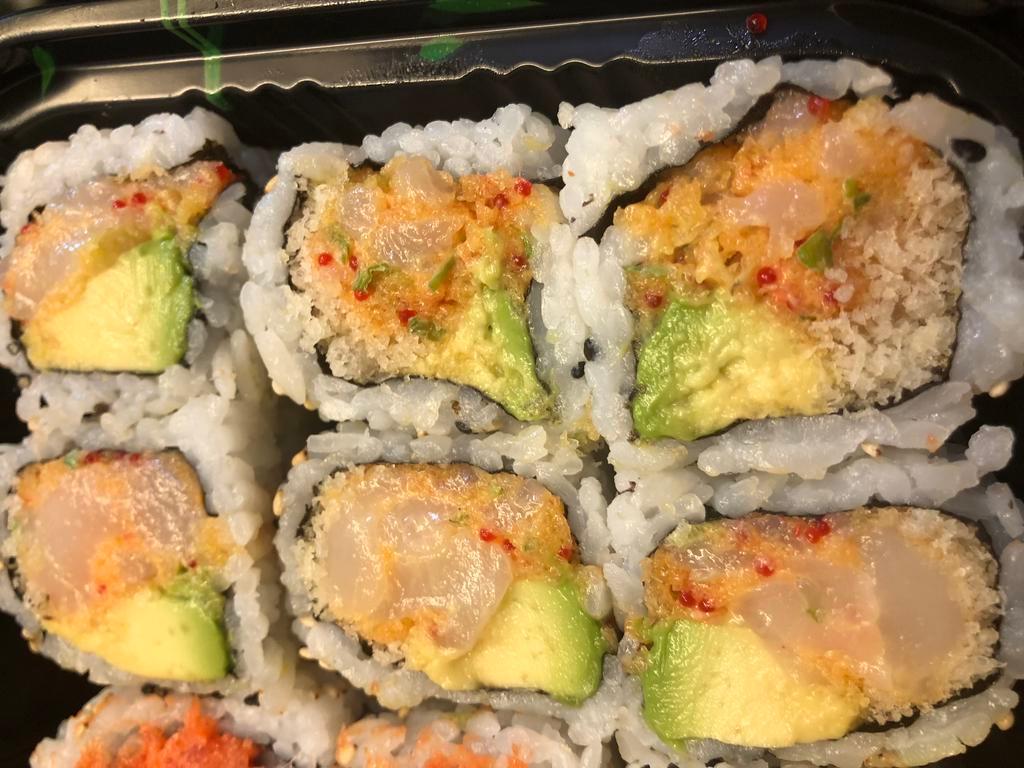 Spicy Scallop Roll · Served with avocado, tobiko, crunch and scallion.