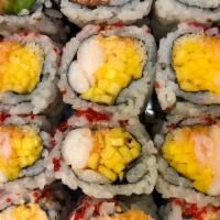 Spicy Mango Shrimp Roll · Served with tobiko and crunch.
