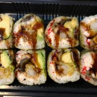 Yuri Roll · Shrimp tempura, snow crab, eel, avocado and tobiko in soybean paper with eel sauce.