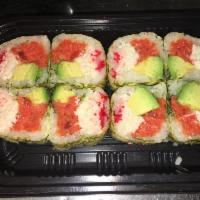 Times Roll · Spicy tuna, crunch, avocado, snow crab and tobiko inside, wrapped with Iso seaweed paper.