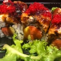 Dancing Eel Roll · Spicy tuna, avocado and crunch topped with eel, tobiko and eel sauce.