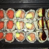 Maki Combo B · Spicy tuna, salmon-avocado and eel-avocado roll.